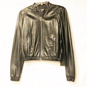 Jacket Bebe womens size S new genuine leather bomber black pocket zippers